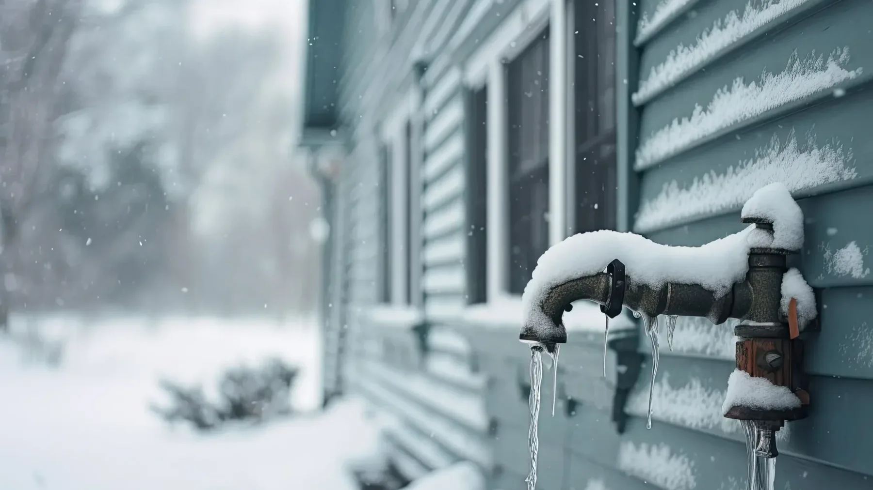Frozen outdoor faucet with icicles on a house in a Chicago winter