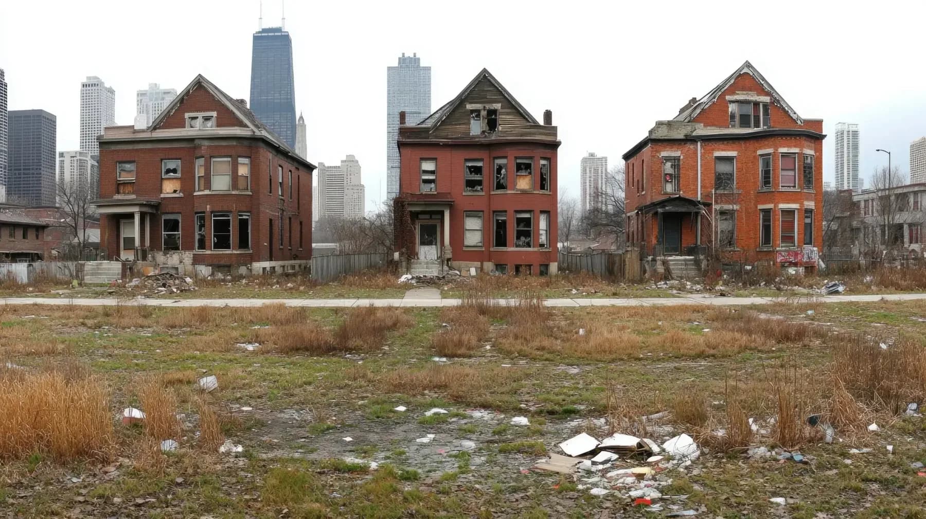 A row of damaged and vacant homes in chicago