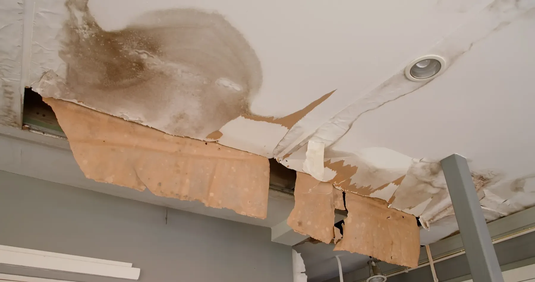 Water-damaged ceiling with sagging, stained drywall